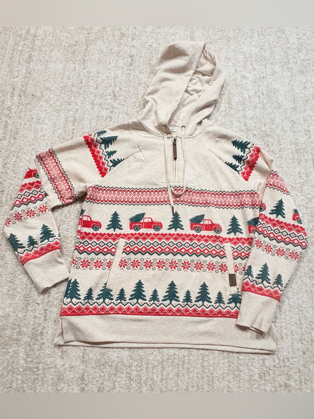 Women’s Cream Holiday Hooded Pullover with Red & Green Fair Isle Print